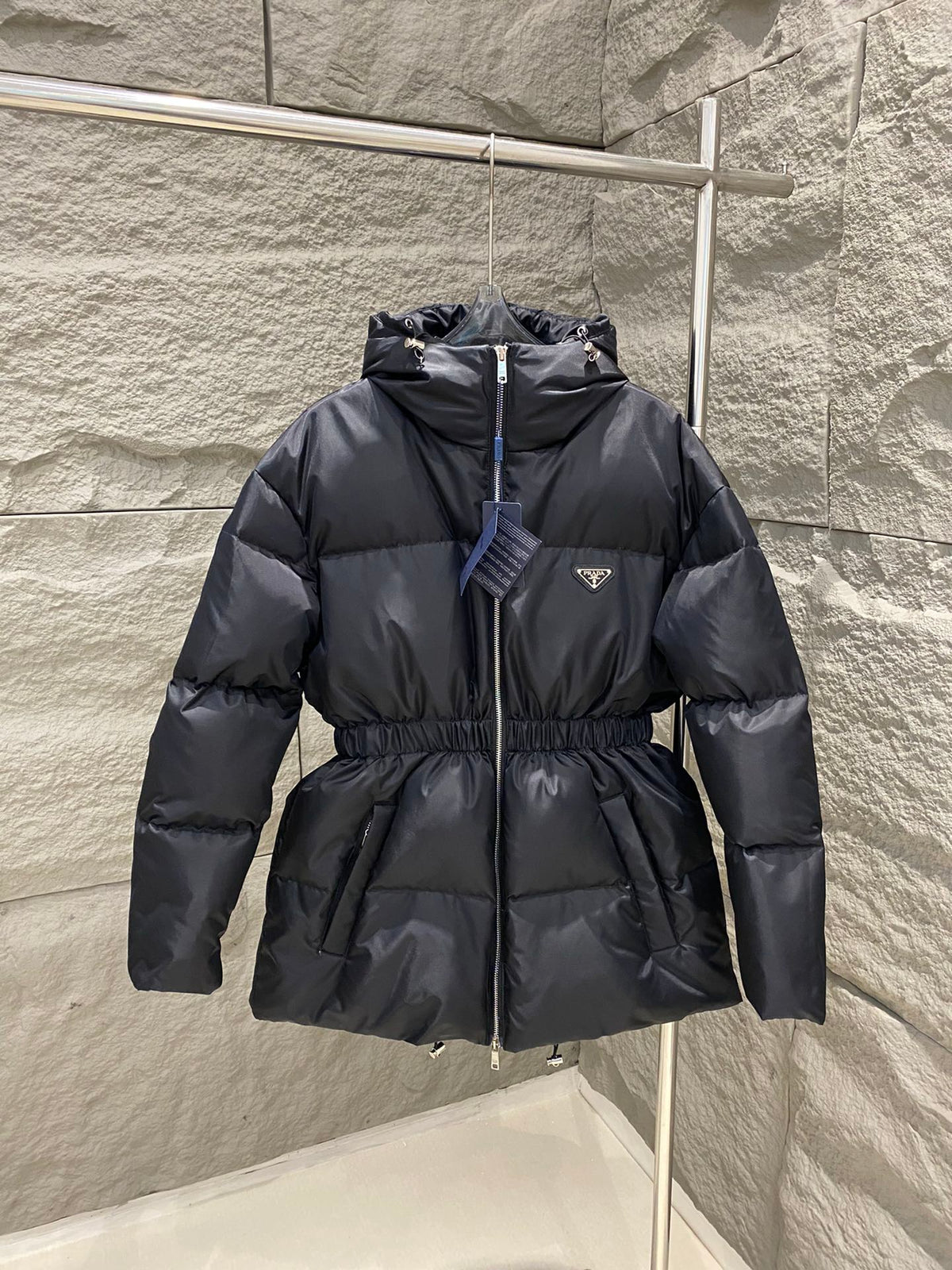 Prada Cinched Waist Hooded Down Jacket