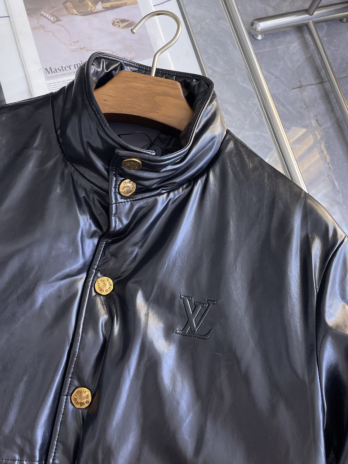 Louis Vuitton Leather Down Jacket Black & Gold