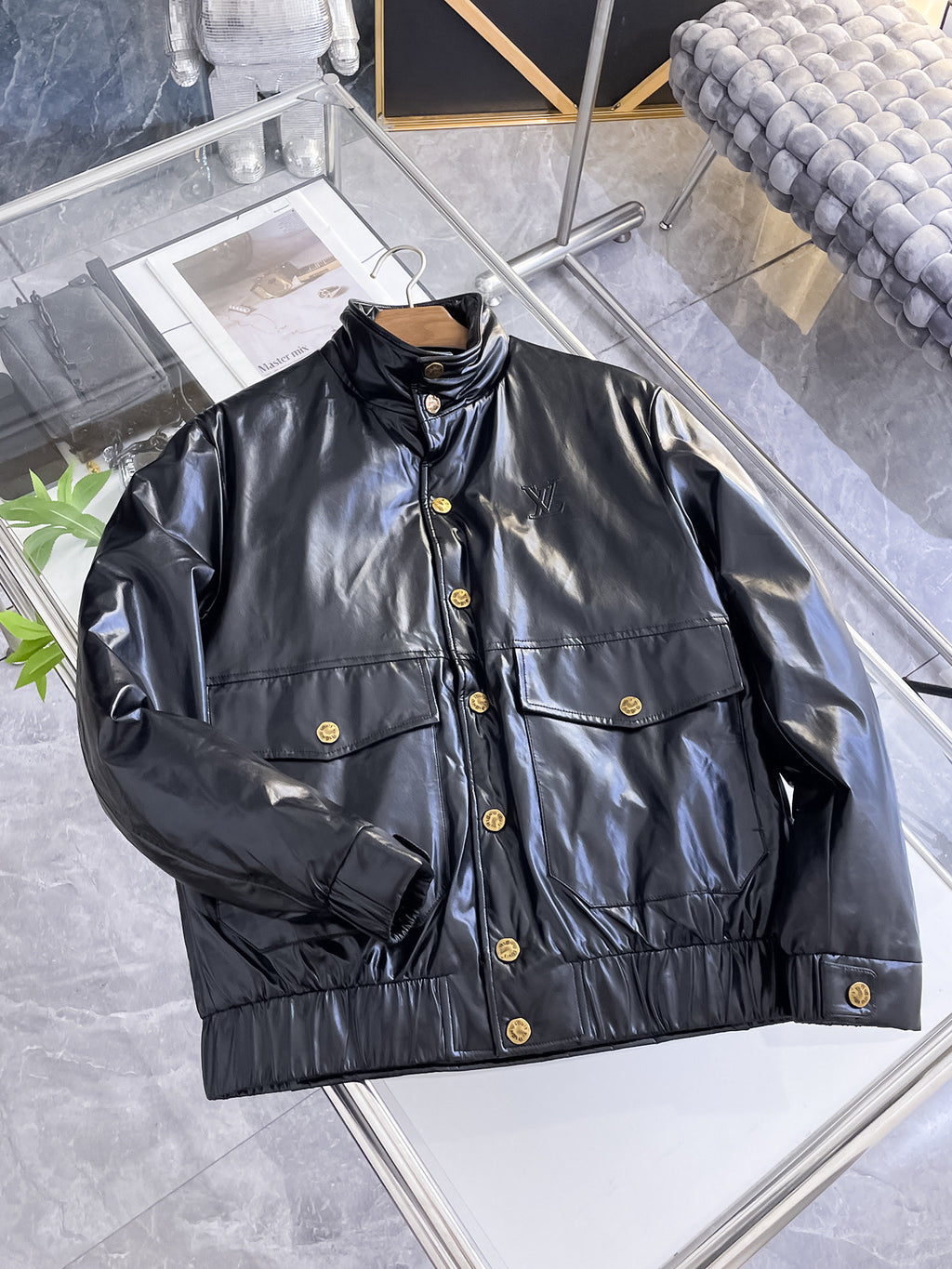 Louis Vuitton Leather Down Jacket Black & Gold