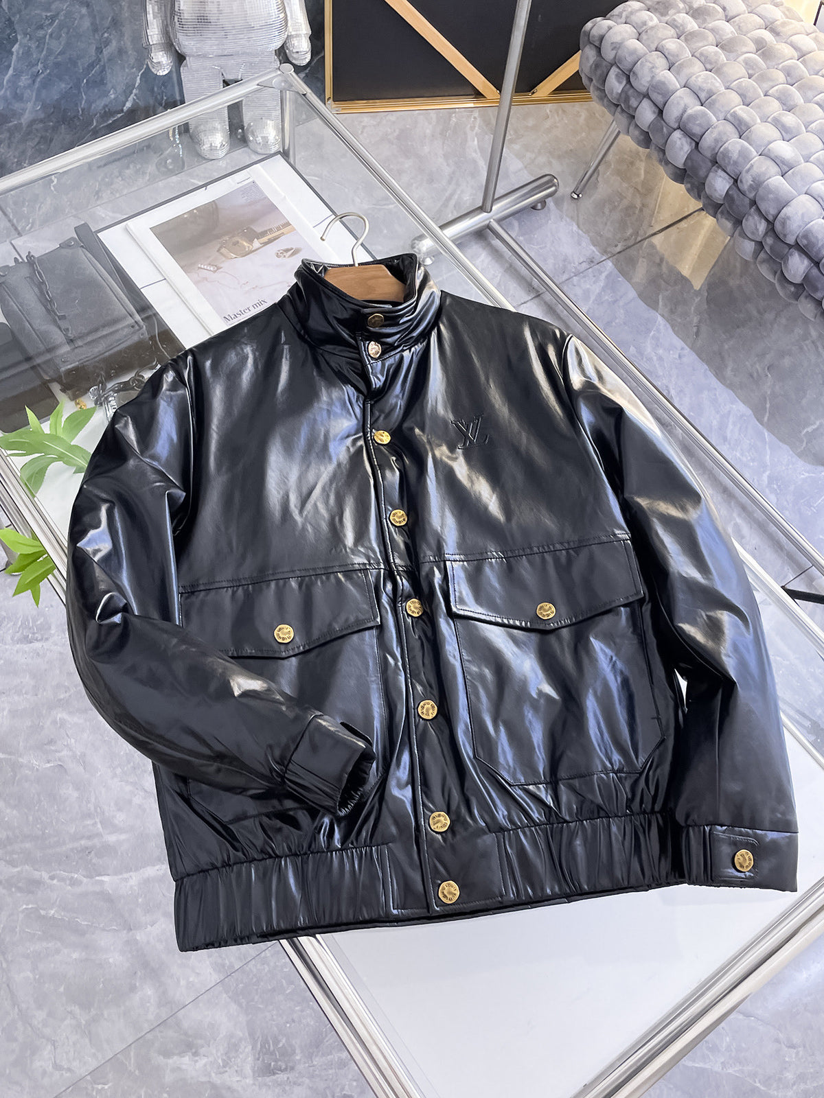 Louis Vuitton Leather Down Jacket Black & Gold